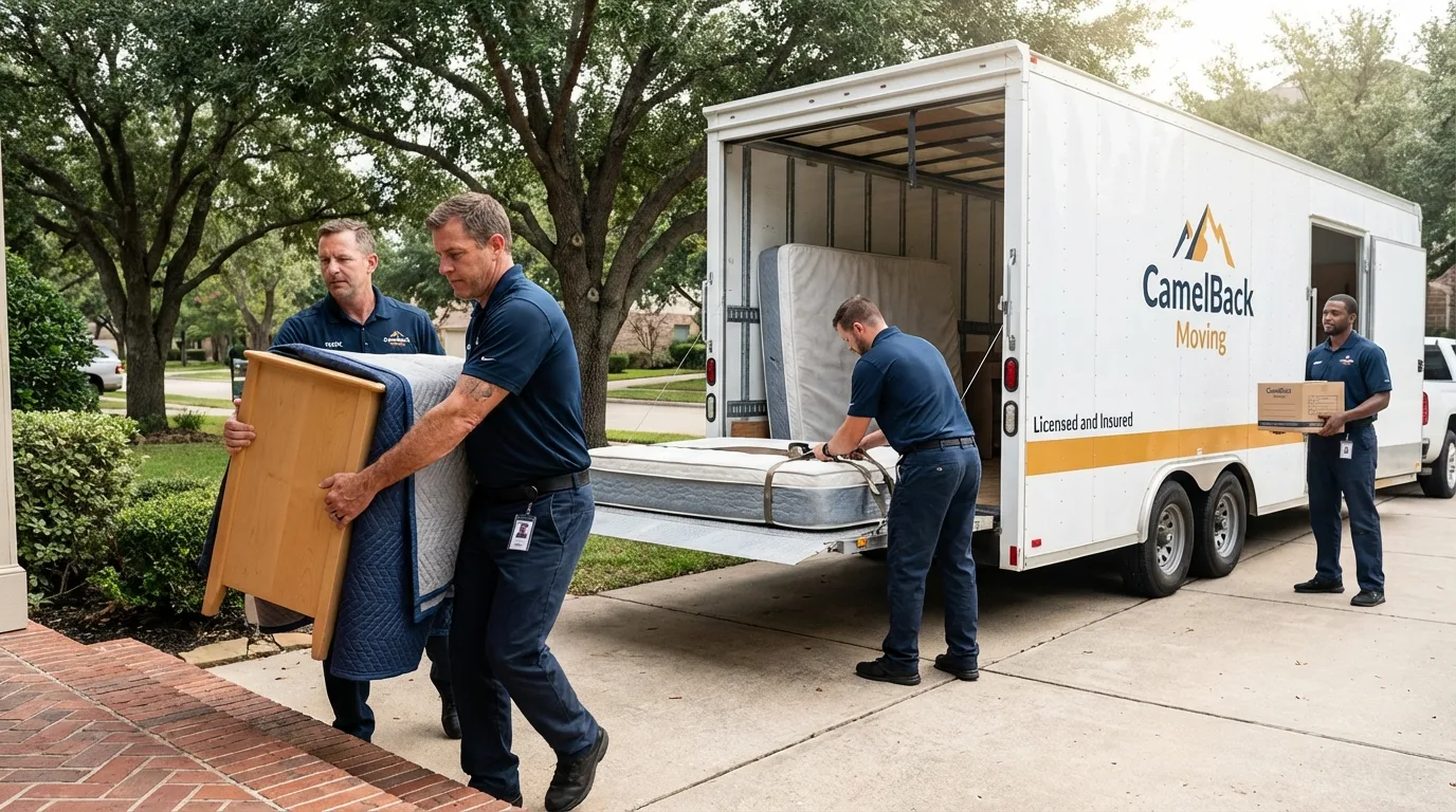 Crew loading residential truck for cross-state move from Gonzales, TX