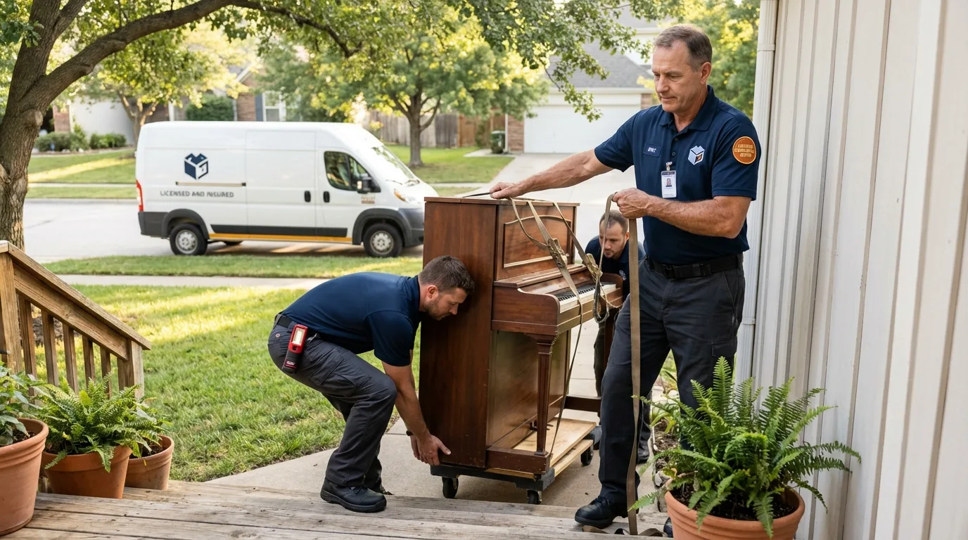 Licensed piano movers securing grand piano in Gonzales, TX
