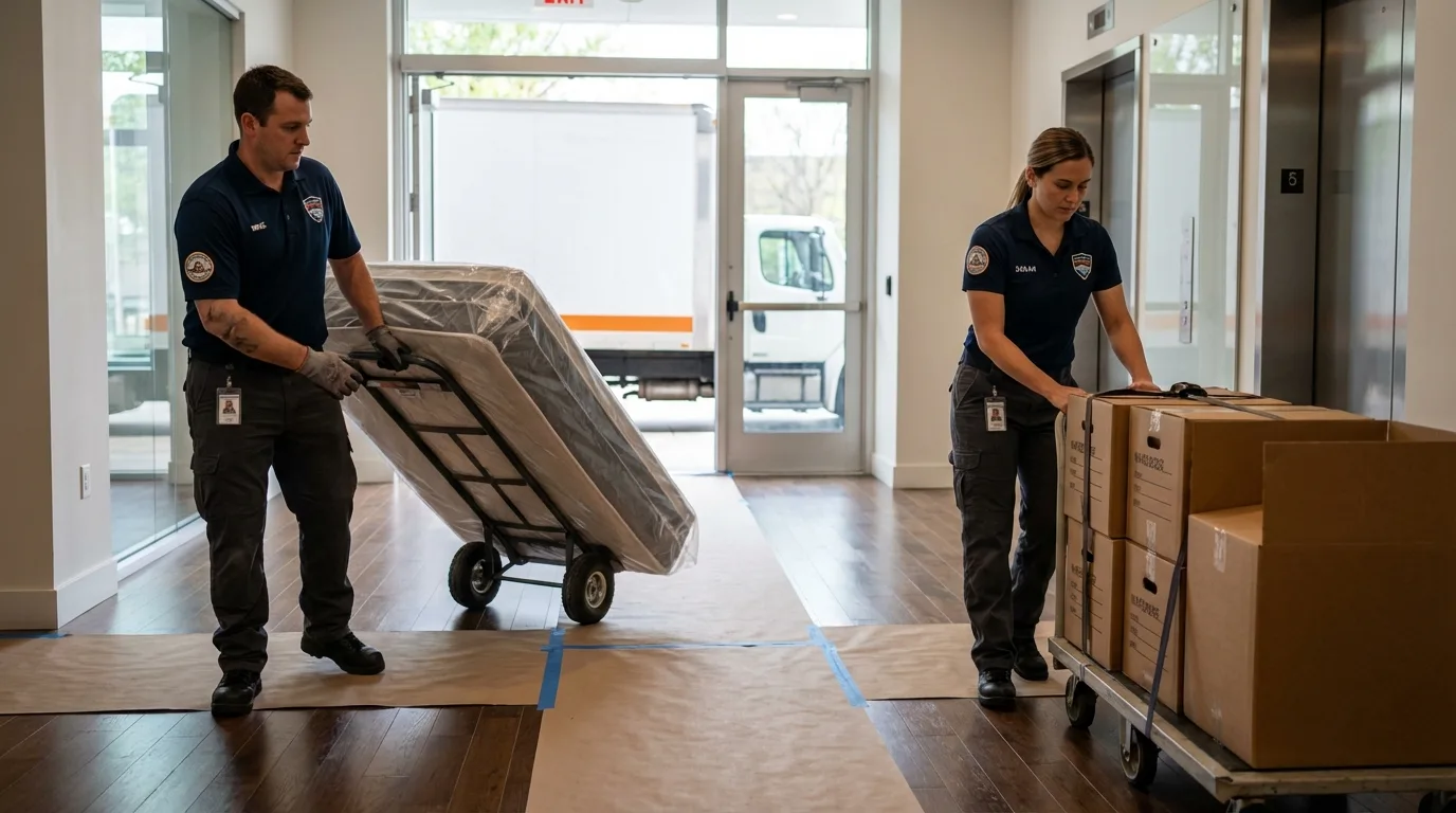 Professional apartment movers loading elevator in Gonzales, TX
