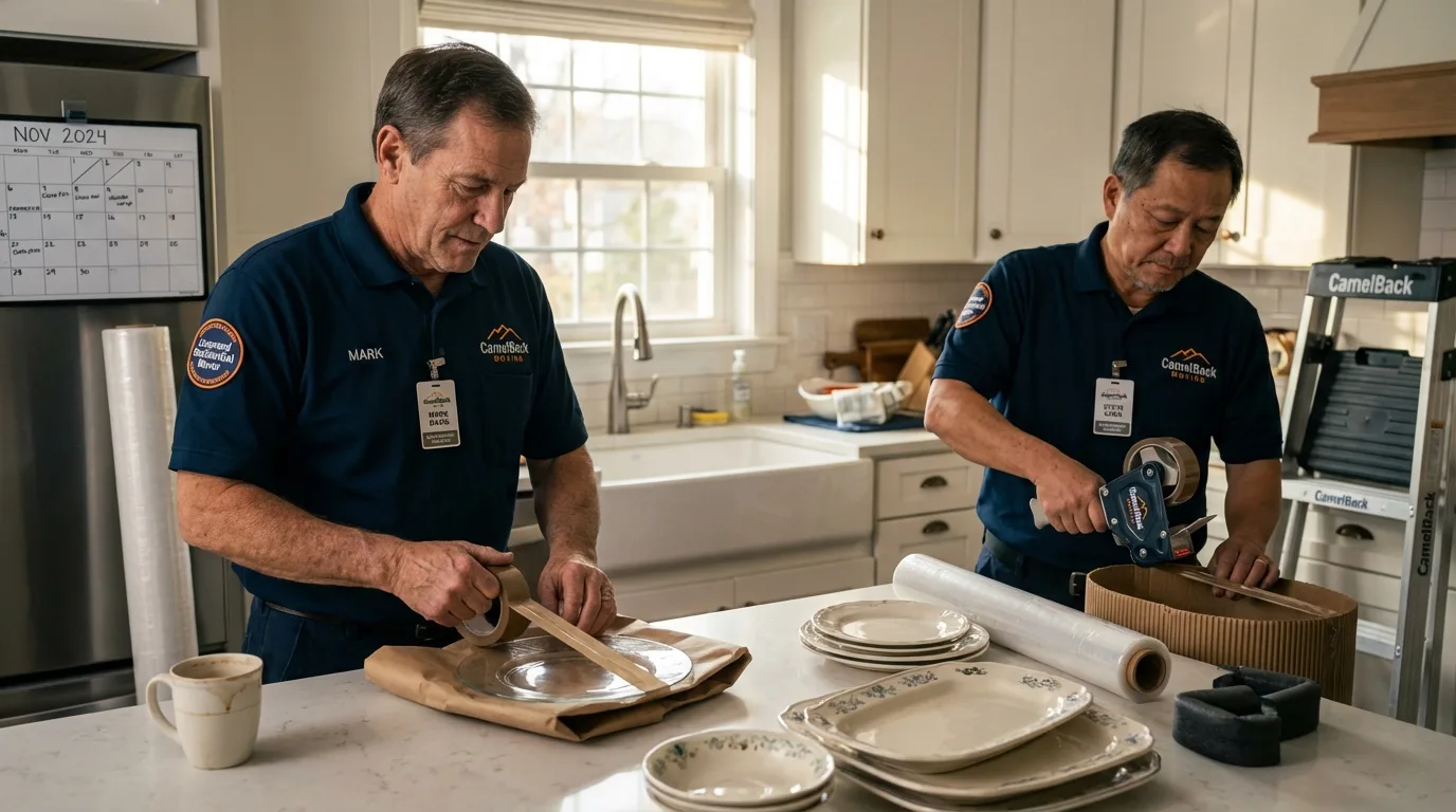 Professional crew packing kitchen dishware in Gonzales, TX